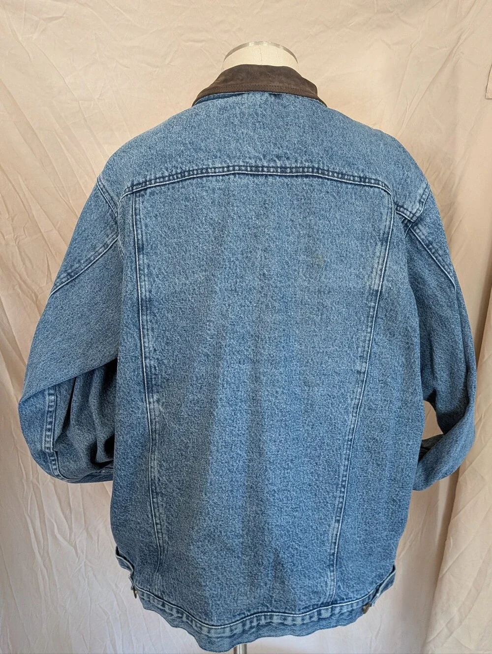 Cabela's Light Blue Denim Jacket with Leather Collar and Flannel Lining